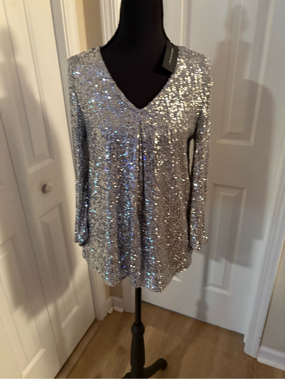 Cable & Gauge Silver Sequin V-Neck Top